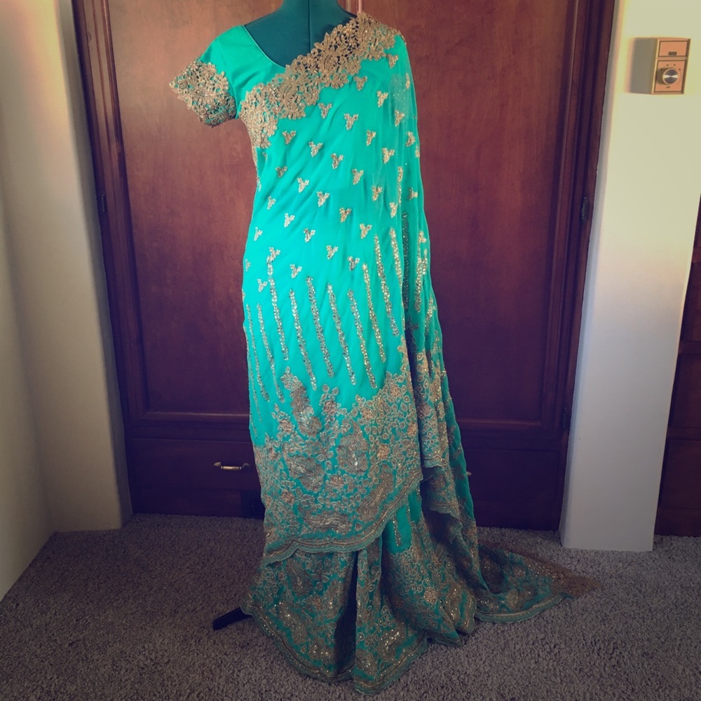 Teal and Gold Beaded Sari